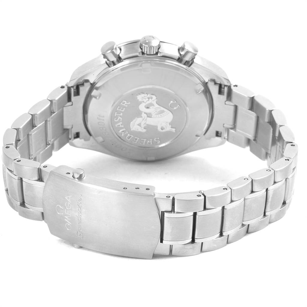 The image shows the back case and metal bracelet of an Omega Speedmaster 3212.80.00 Men
s Stainless Steel Blue Dial 3212.80.00 Men
s Stainless Steel Blue Dial watch from a rear angle.