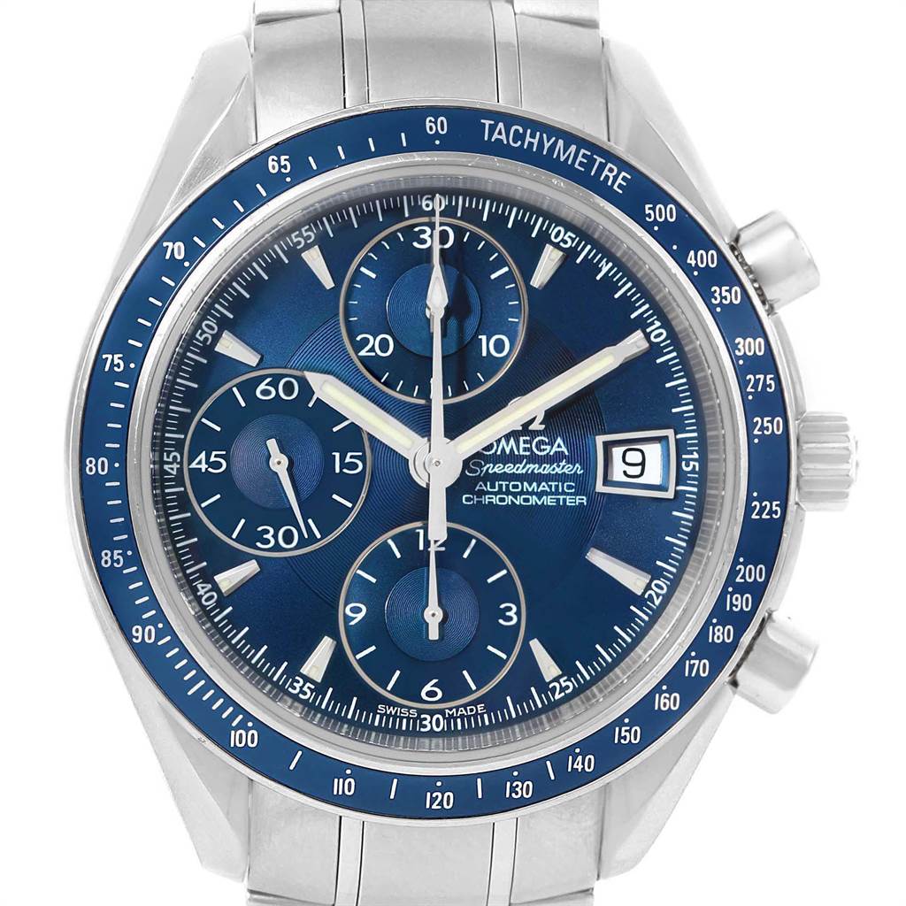 This image shows the front view of the Omega Speedmaster 3212.80.00 Men
s Stainless Steel Blue Dial 3212.80.00 Men
s Stainless Steel Blue Dial watch, featuring its blue dial, chronograph subdials, date display, and tachymeter scale.