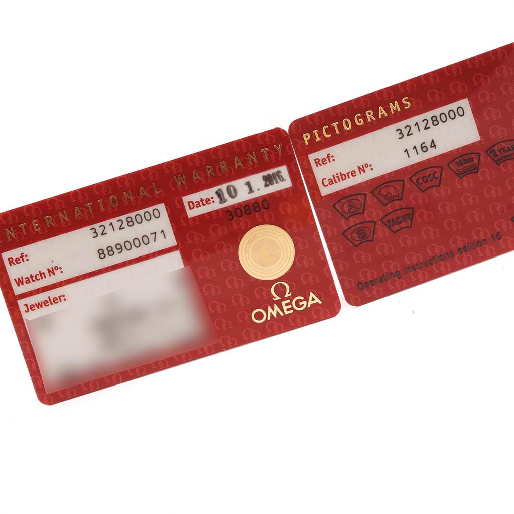 The image shows the international warranty and pictogram cards for an Omega Speedmaster 3212.80.00 Men
s Stainless Steel Blue Dial 3212.80.00 Men
s Stainless Steel Blue Dial model watch.