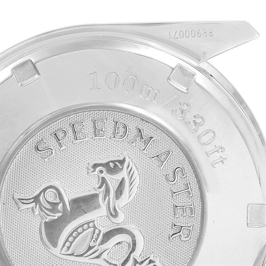 The image shows the case back of an Omega Speedmaster 3212.80.00 Men
s Stainless Steel Blue Dial 3212.80.00 Men
s Stainless Steel Blue Dial watch, featuring the Speedmaster logo and water resistance rating.