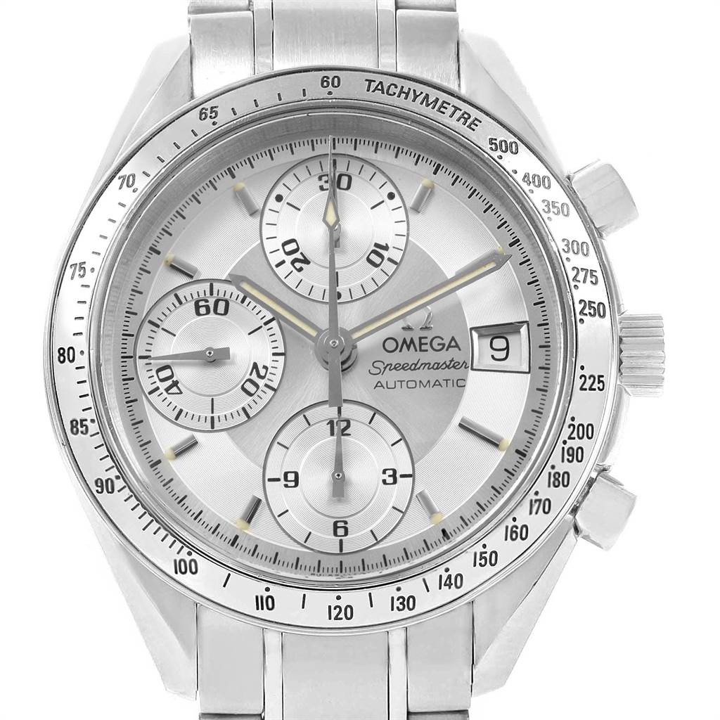 This image shows a front view of an Omega Speedmaster 3513.30.00 Men
s Stainless Steel Silver Dial 3513.30.00 Men
s Stainless Steel Silver Dial watch, highlighting its dial, sub-dials, tachymeter, and date window.