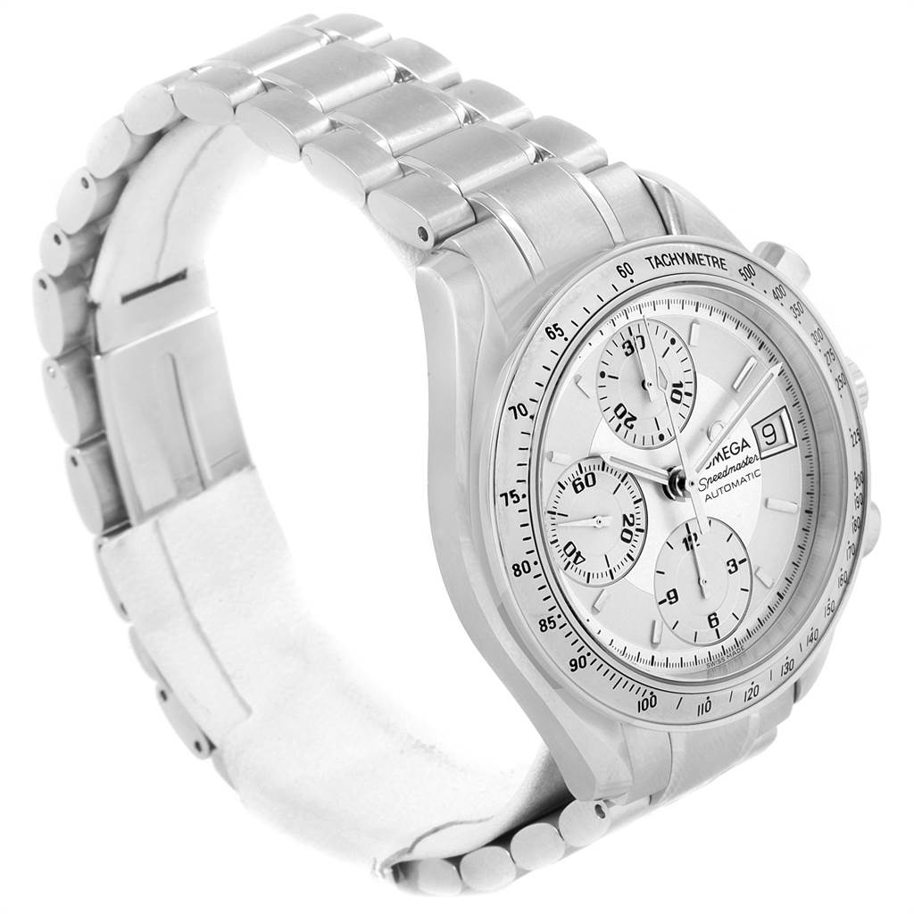 The Omega Speedmaster 3513.30.00 Men
s Stainless Steel Silver Dial 3513.30.00 Men
s Stainless Steel Silver Dial watch is shown at an oblique angle, highlighting its bracelet, face, three sub-dials, and tachymetre bezel.