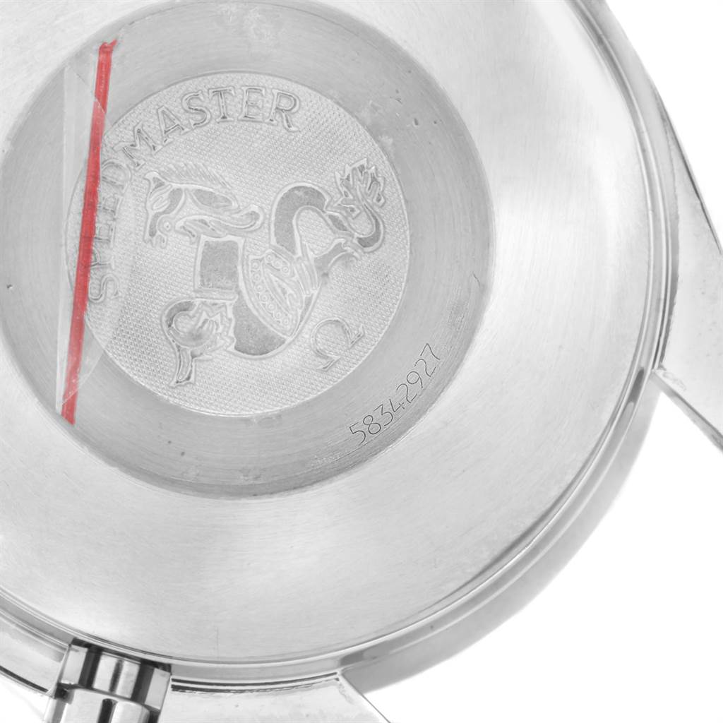 This image shows the case back of an Omega Speedmaster 3513.30.00 Men
s Stainless Steel Silver Dial 3513.30.00 Men
s Stainless Steel Silver Dial watch, featuring the engraved logo and serial number.