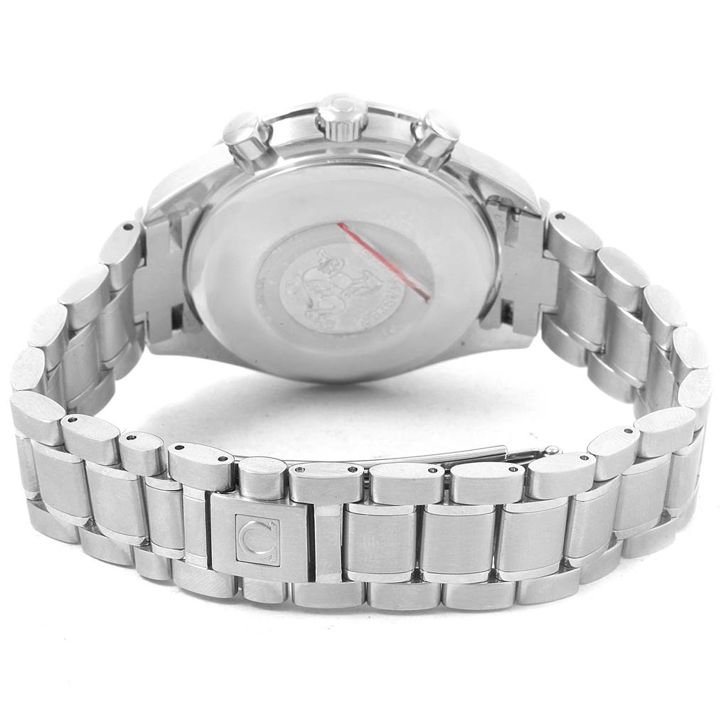 The image shows the back case and metal bracelet of the Omega Speedmaster 3513.30.00 Men
s Stainless Steel Silver Dial 3513.30.00 Men
s Stainless Steel Silver Dial watch.