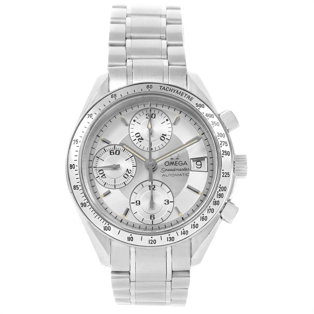 The Omega Speedmaster 3513.30.00 Men
s Stainless Steel Silver Dial 3513.30.00 Men
s Stainless Steel Silver Dial watch is shown from a front angle, displaying the full face and band.