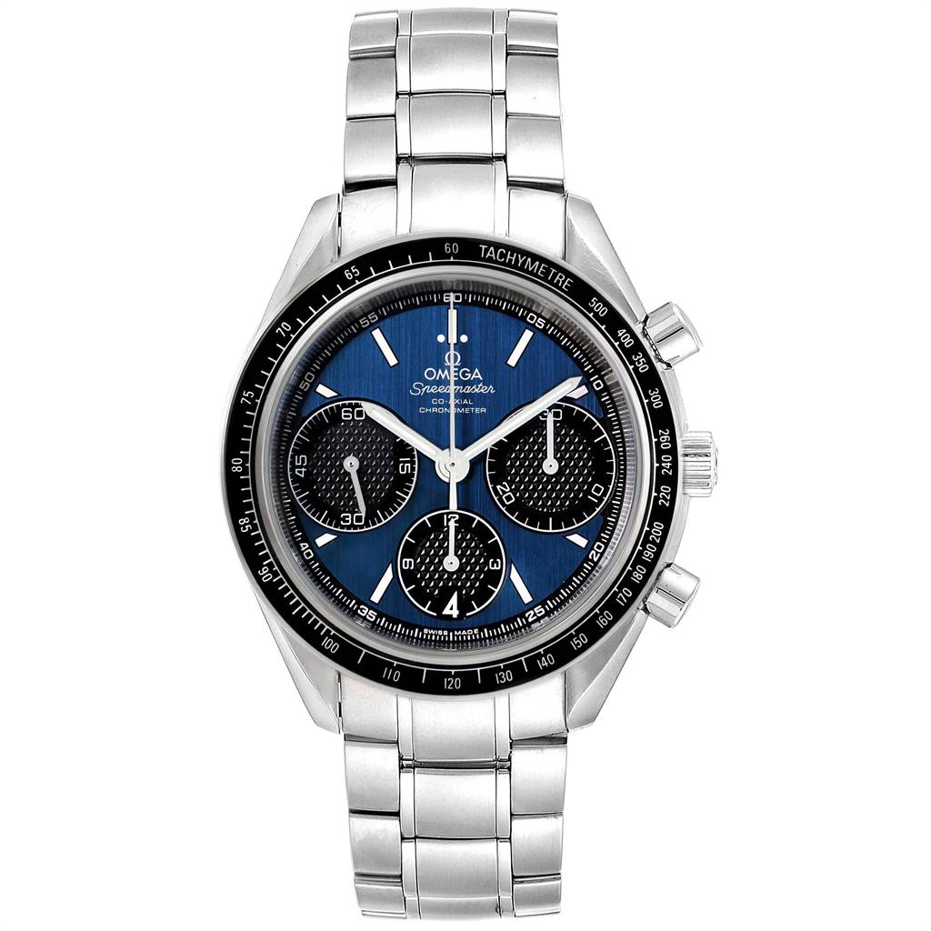 The image shows a frontal view of the Omega Speedmaster 326.30.40.50.03.001 Men
s Stainless Steel Blue Dial 326.30.40.50.03.001 Men
s Stainless Steel Blue Dial watch, displaying the face, dial, hands, and bezel in detail.
