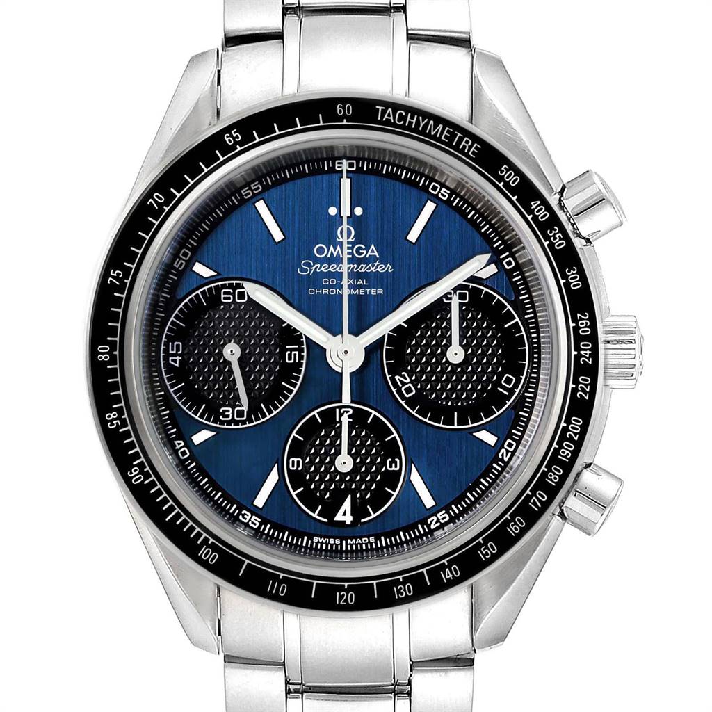 The image shows a front view of an Omega Speedmaster 326.30.40.50.03.001 Men
s Stainless Steel Blue Dial 326.30.40.50.03.001 Men
s Stainless Steel Blue Dial watch, highlighting its dial, subdials, tachymeter bezel, and metal bracelet.