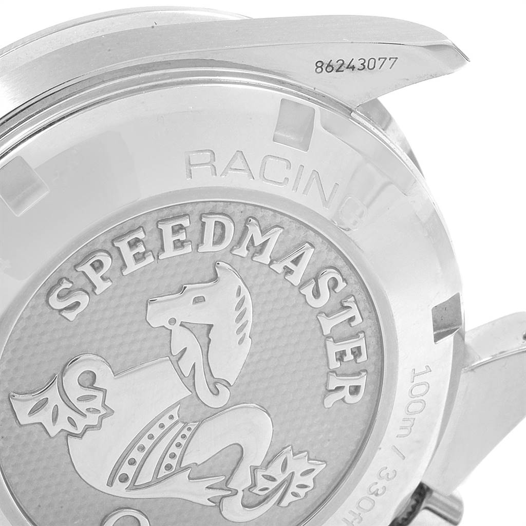 The image shows the case back and part of the lugs of an Omega Speedmaster 326.30.40.50.03.001 Men
s Stainless Steel Blue Dial 326.30.40.50.03.001 Men
s Stainless Steel Blue Dial watch, including the model
s engraving and serial number.