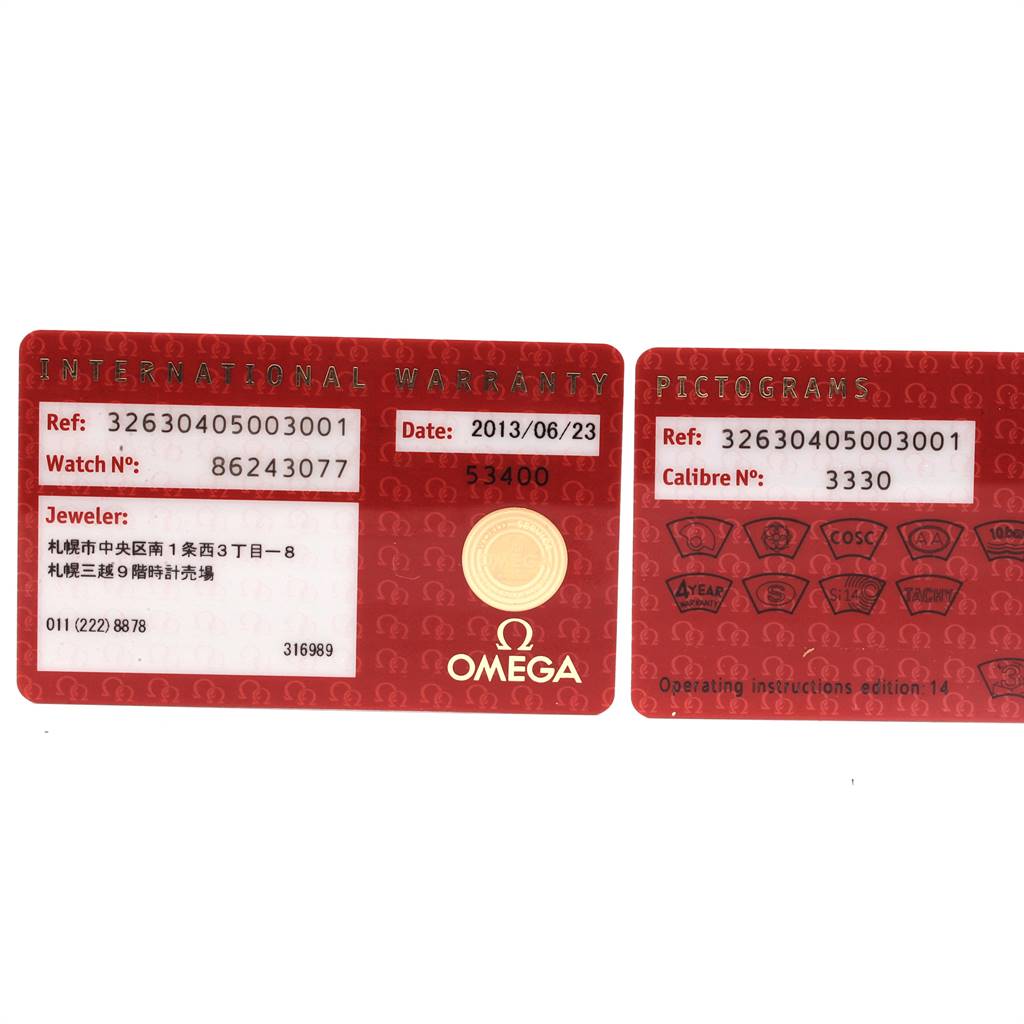 These are the international warranty and pictograms cards for the Omega Speedmaster 326.30.40.50.03.001 Men
s Stainless Steel Blue Dial 326.30.40.50.03.001 Men
s Stainless Steel Blue Dial model watch, showing reference, watch number, and calibres.