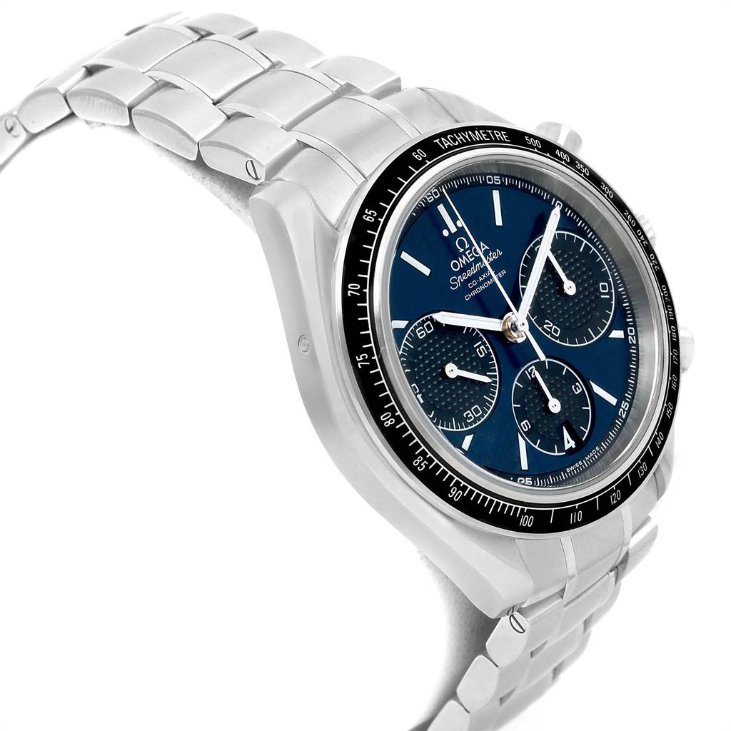 This image shows an angled view of the Omega Speedmaster 326.30.40.50.03.001 Men
s Stainless Steel Blue Dial 326.30.40.50.03.001 Men
s Stainless Steel Blue Dial watch, focusing on its face and stainless steel bracelet.