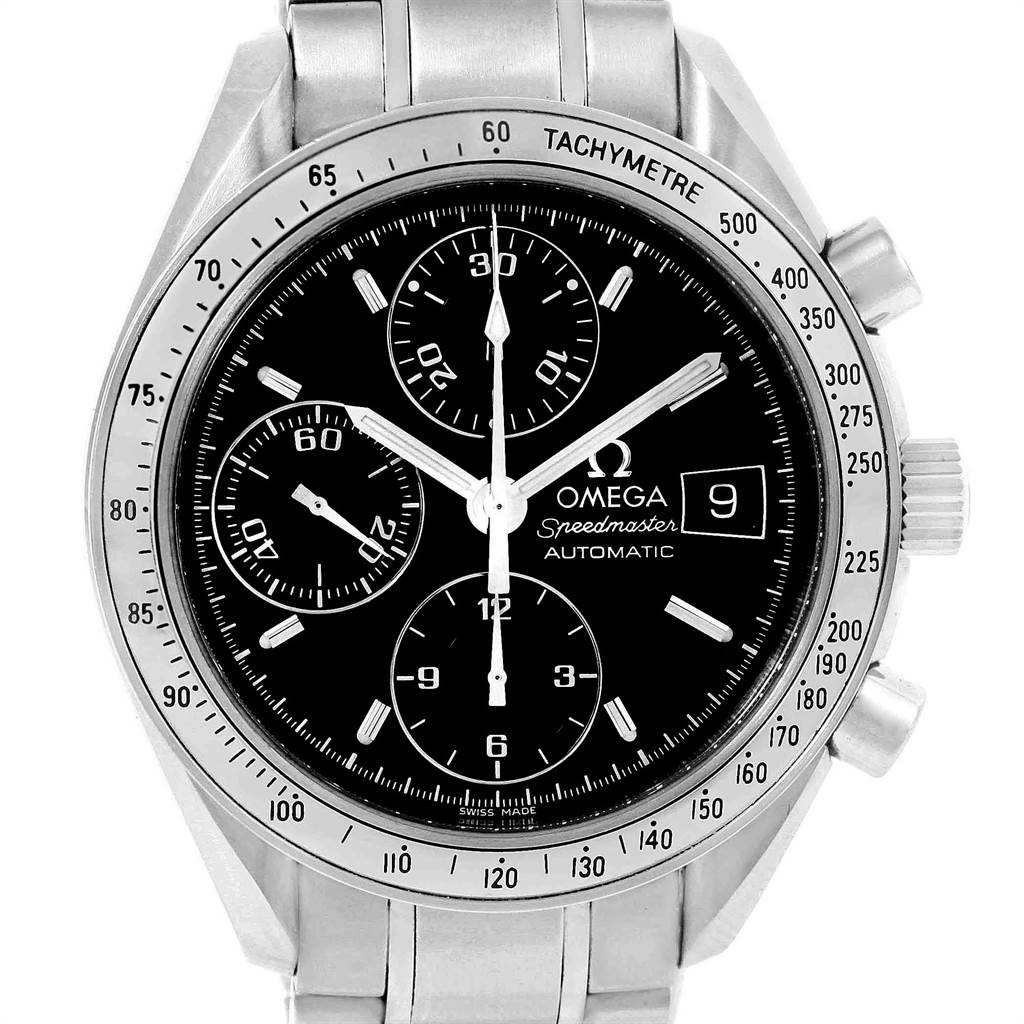 The image shows a frontal view of the Omega Speedmaster 3513.50.00 Men
s Stainless Steel Black Dial 3513.50.00 Men
s Stainless Steel Black Dial watch, highlighting the tachymeter bezel, sub-dials, and date window.