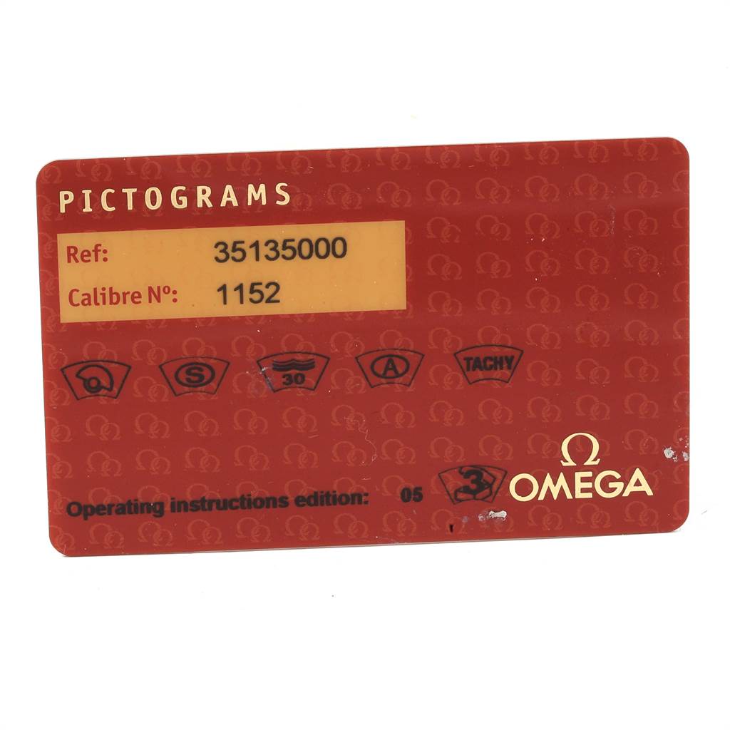 This image shows the warranty card for the Omega Speedmaster 3513.50.00 Men
s Stainless Steel Black Dial 3513.50.00 Men
s Stainless Steel Black Dial watch model, displaying the reference and calibre numbers.