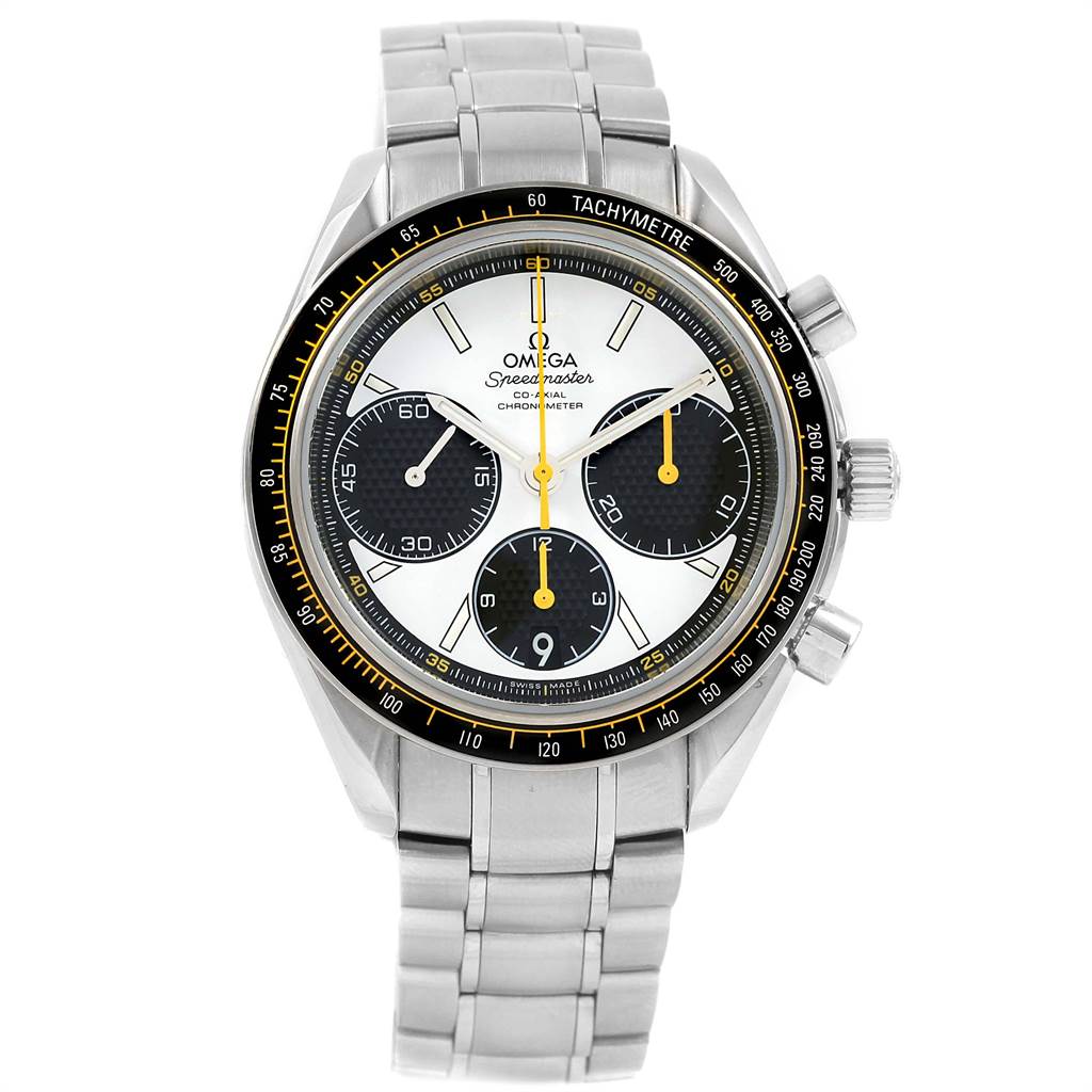 This image shows a frontal view of the Omega Speedmaster 326.30.40.50.04.001 Men
s Stainless Steel White Dial 326.30.40.50.04.001 Men
s Stainless Steel White Dial watch, displaying the face, dial, chronograph sub-dials, and stainless steel bracelet.