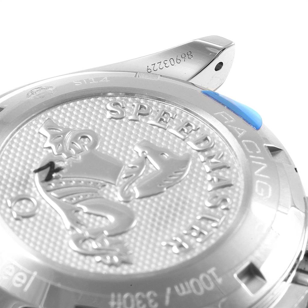 The image shows the back case of an Omega Speedmaster 326.30.40.50.04.001 Men
s Stainless Steel White Dial 326.30.40.50.04.001 Men
s Stainless Steel White Dial watch from an angled perspective.