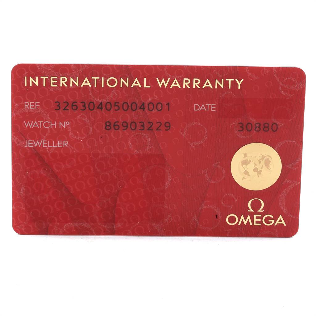 This is a close-up shot of an Omega Speedmaster 326.30.40.50.04.001 Men
s Stainless Steel White Dial 326.30.40.50.04.001 Men
s Stainless Steel White Dial International Warranty card.