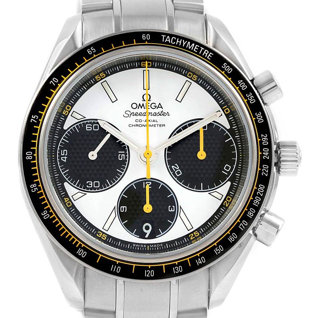 The image shows a frontal view of the Omega Speedmaster 326.30.40.50.04.001 Men
s Stainless Steel White Dial 326.30.40.50.04.001 Men
s Stainless Steel White Dial watch, highlighting the dial, tachymeter bezel, sub-dials, and pushers.