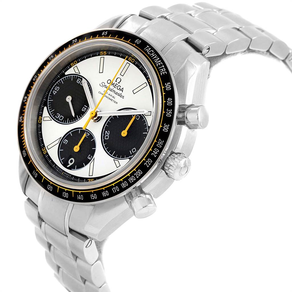 The image shows a side angle of the Omega Speedmaster 326.30.40.50.04.001 Men
s Stainless Steel White Dial 326.30.40.50.04.001 Men
s Stainless Steel White Dial watch, highlighting its stainless steel band, chronograph dials, and tachymeter bezel.