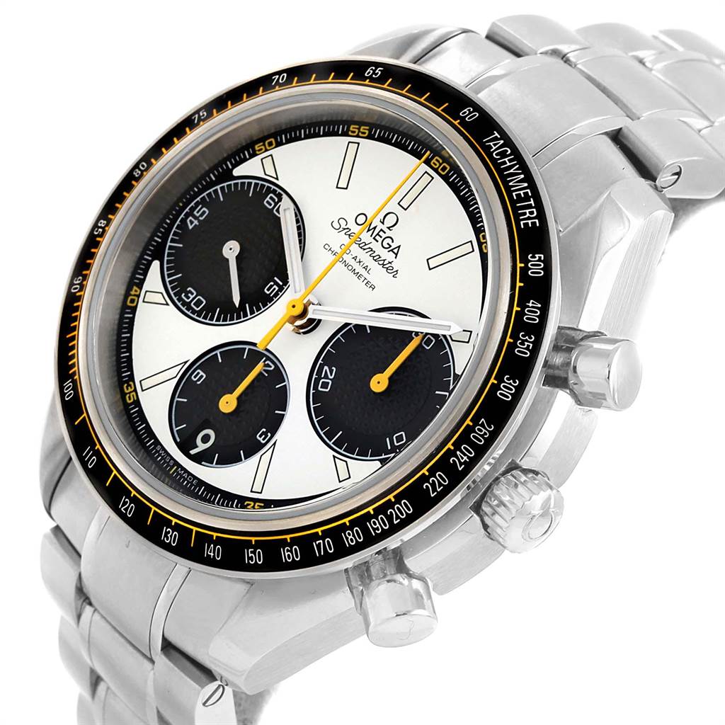 The Omega Speedmaster 326.30.40.50.04.001 Men
s Stainless Steel White Dial 326.30.40.50.04.001 Men
s Stainless Steel White Dial watch is shown at a three-quarter angle emphasizing the face, sub-dials, and stainless steel bracelet.