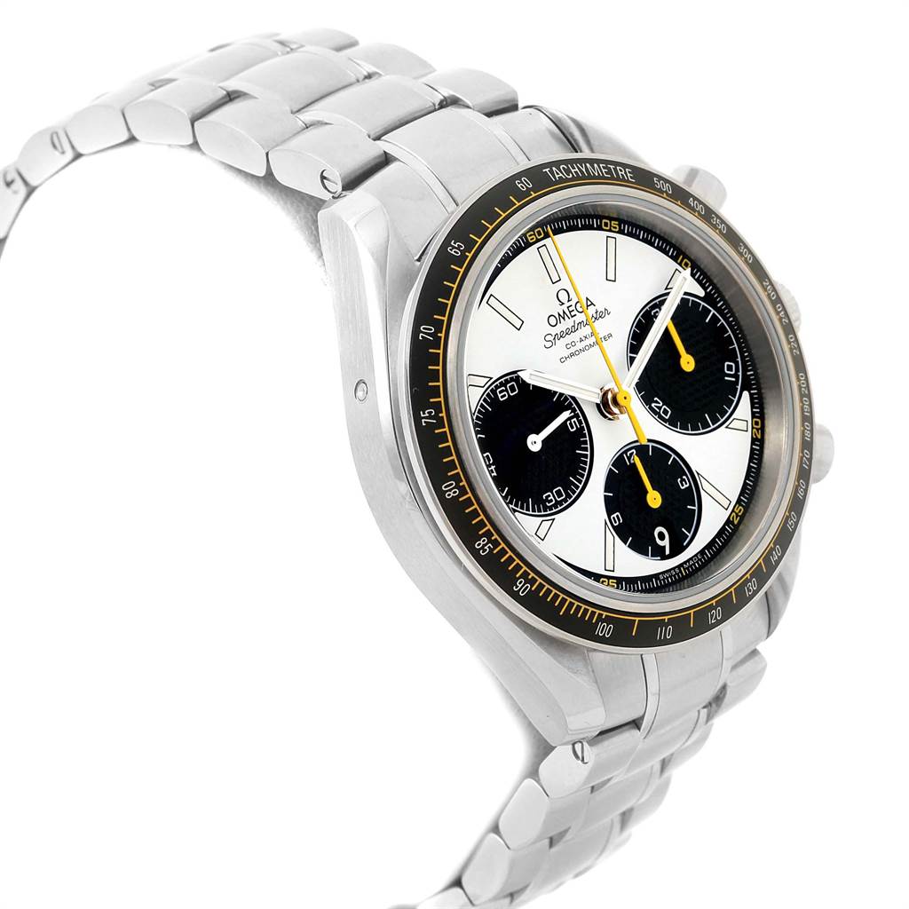 The image shows an Omega Speedmaster 326.30.40.50.04.001 Men
s Stainless Steel White Dial 326.30.40.50.04.001 Men
s Stainless Steel White Dial watch at a three-quarter angle, highlighting the face, bracelet, and side profile.