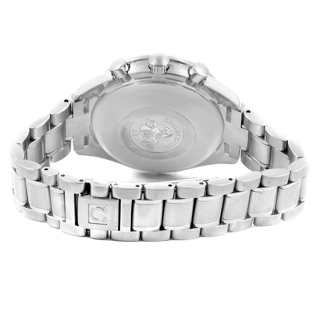 The image shows the back view of an Omega Speedmaster 3513.50.00 Men
s Stainless Steel Black Dial 3513.50.00 Men
s Stainless Steel Black Dial
s case and metal bracelet.