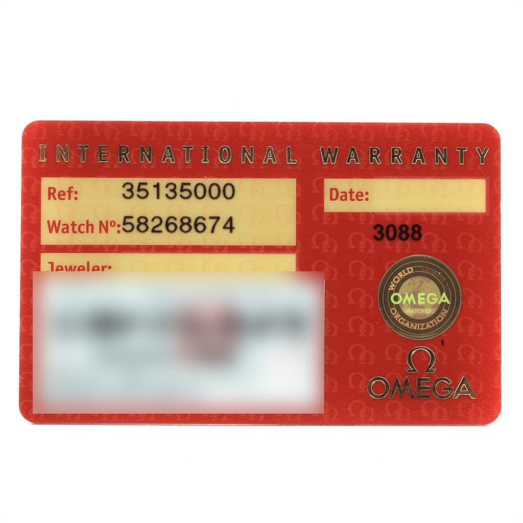 This image shows the International Warranty card for an Omega Speedmaster 3513.50.00 Men
s Stainless Steel Black Dial 3513.50.00 Men
s Stainless Steel Black Dial watch.