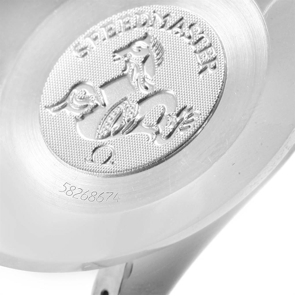 This image shows the engraved case back of an Omega Speedmaster 3513.50.00 Men
s Stainless Steel Black Dial 3513.50.00 Men
s Stainless Steel Black Dial watch, featuring its emblem and serial number.