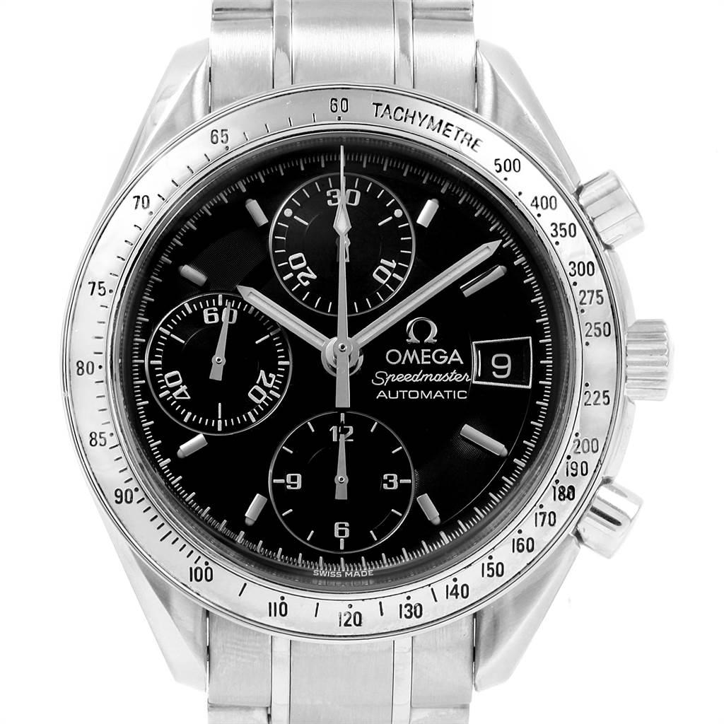This Omega Speedmaster 3513.50.00 Men
s Stainless Steel Black Dial 3513.50.00 Men
s Stainless Steel Black Dial watch is shown directly from the front, displaying its face, subdials, tachymeter bezel, and metal bracelet.