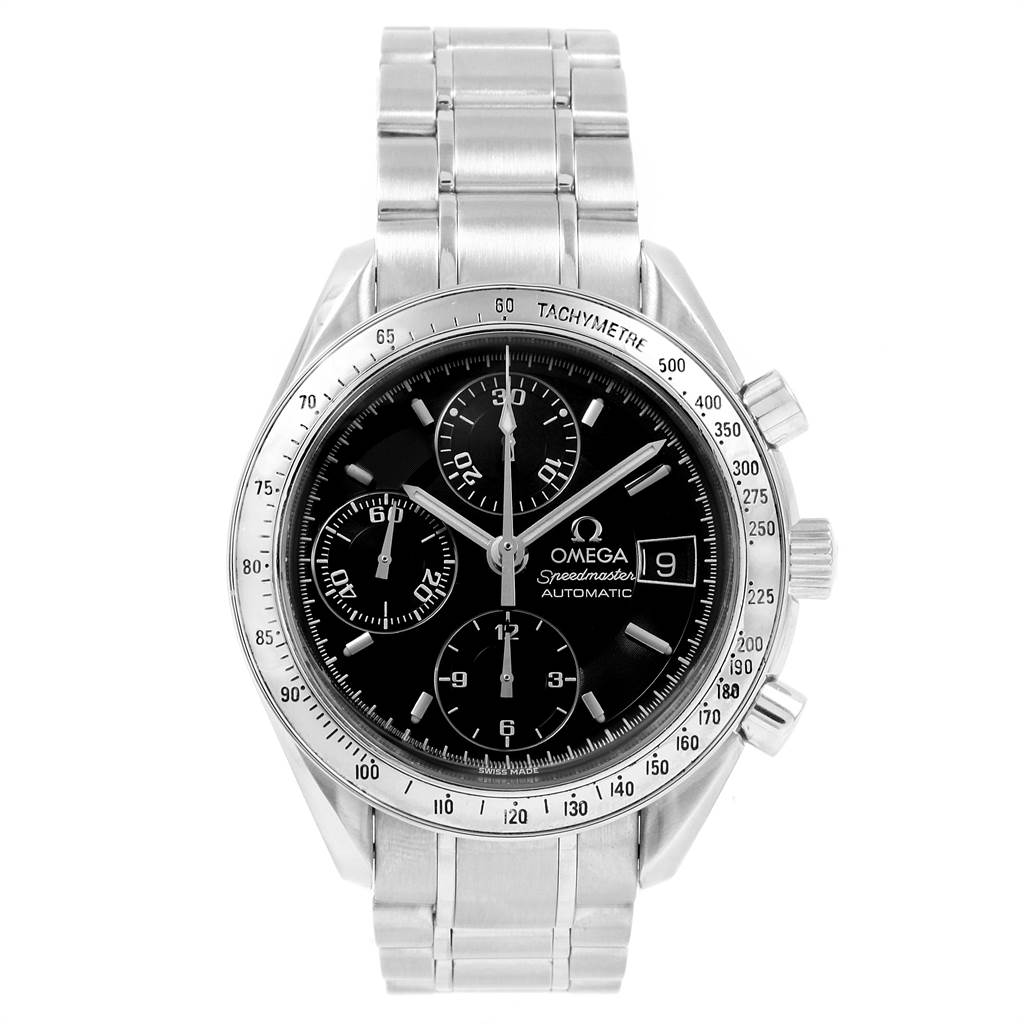 This image shows a front view of an Omega Speedmaster 3513.50.00 Men
s Stainless Steel Black Dial 3513.50.00 Men
s Stainless Steel Black Dial watch, displaying the dial, bezel, and metal bracelet.