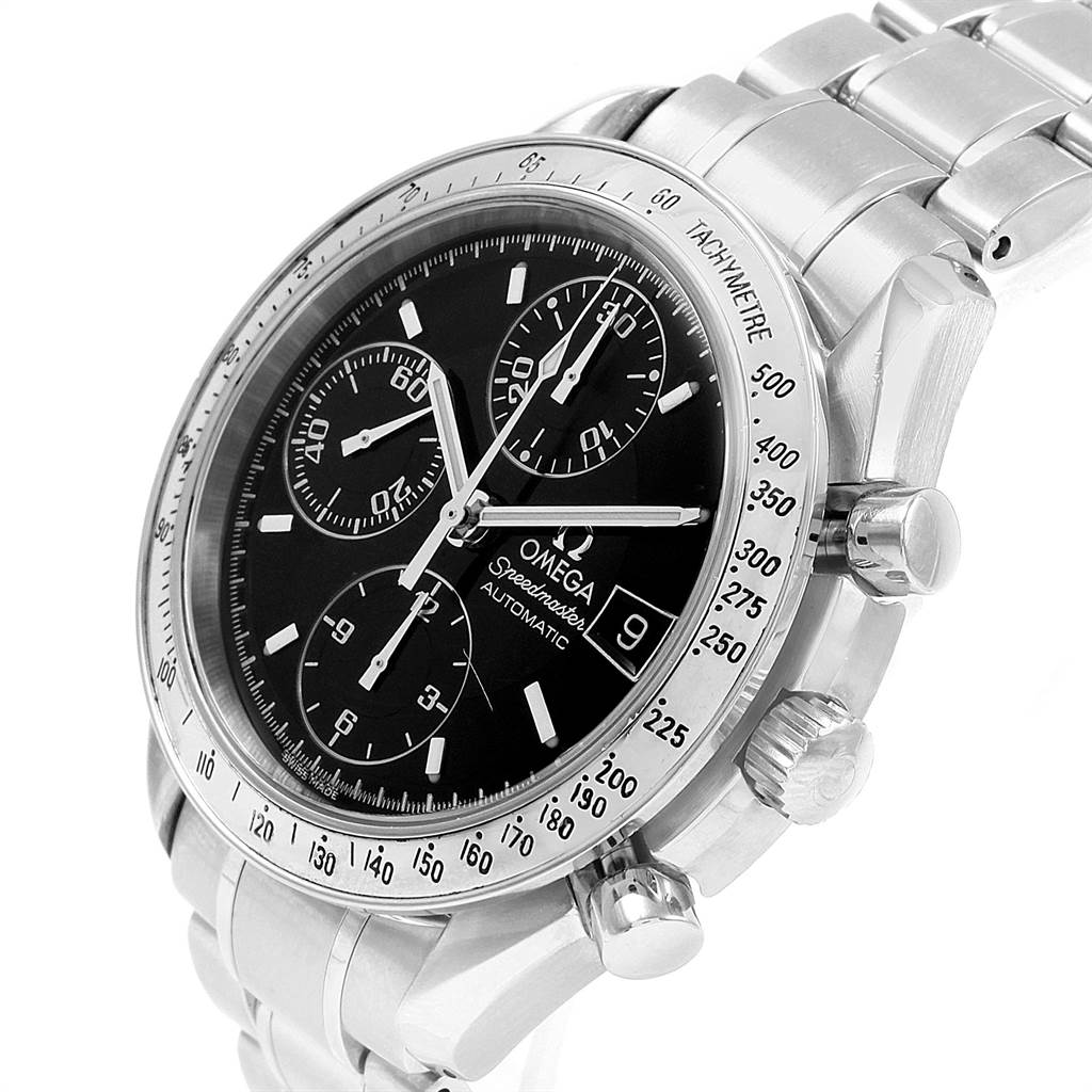 The Omega Speedmaster 3513.50.00 Men
s Stainless Steel Black Dial 3513.50.00 Men
s Stainless Steel Black Dial watch is shown from an angled front view, displaying the dial, chronograph sub-dials, date window, and stainless steel bracelet.