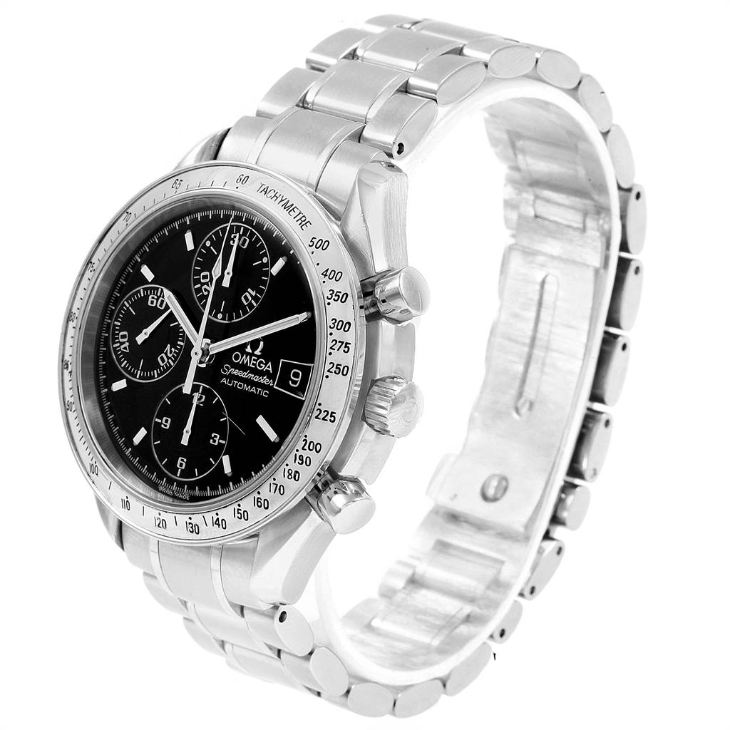 The image shows an Omega Speedmaster 3513.50.00 Men
s Stainless Steel Black Dial 3513.50.00 Men
s Stainless Steel Black Dial watch from an angled side view, highlighting the case, bezel, crown, and metal bracelet.