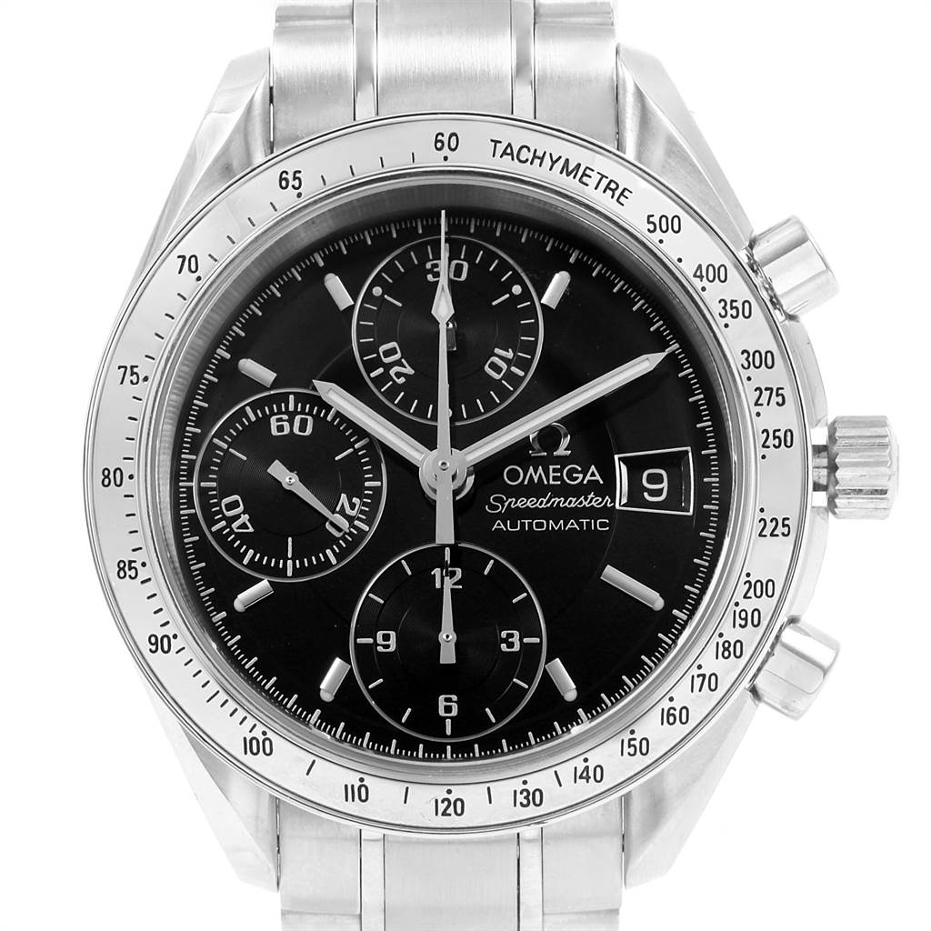 The image shows a front view of the Omega Speedmaster 3513.50.00 Men
s Stainless Steel Black Dial 3513.50.00 Men
s Stainless Steel Black Dial watch, displaying its black dial, chronograph sub-dials, date window, and stainless steel bracelet.