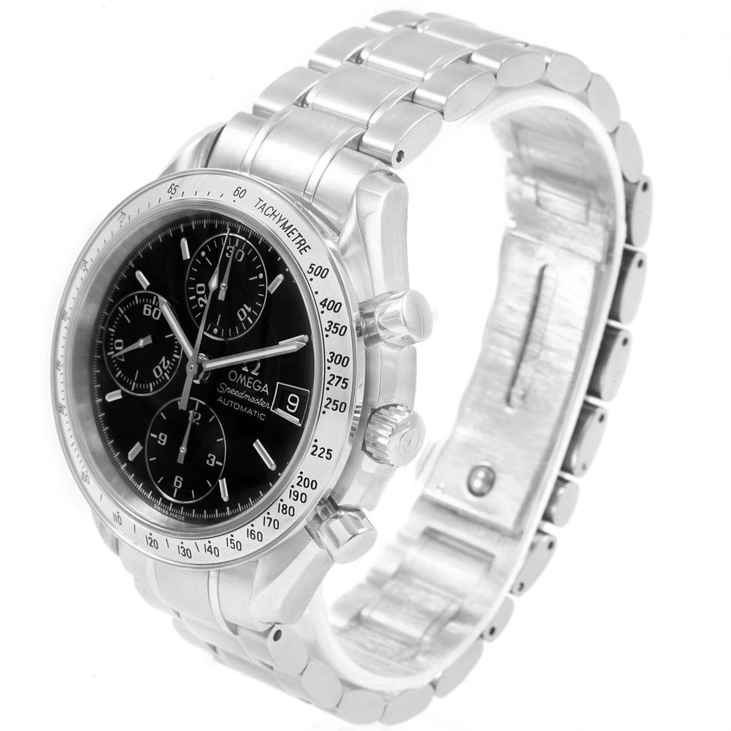This Omega Speedmaster 3513.50.00 Men
s Stainless Steel Black Dial 3513.50.00 Men
s Stainless Steel Black Dial watch is shown from a slightly angled side view, highlighting the dial, bezel, crown, pushers, and bracelet.