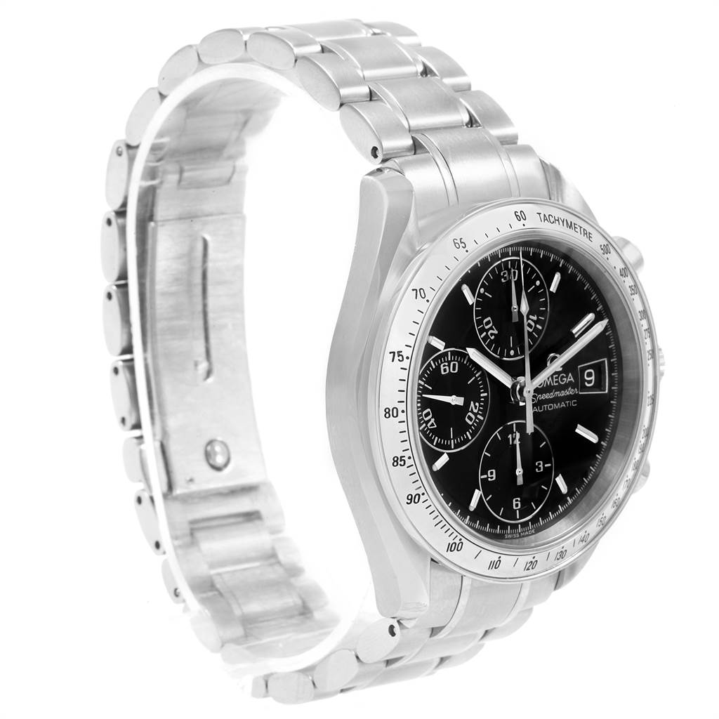 The image shows a side angle of the Omega Speedmaster 3513.50.00 Men
s Stainless Steel Black Dial 3513.50.00 Men
s Stainless Steel Black Dial watch, highlighting its face, bracelet, and tachymeter bezel.