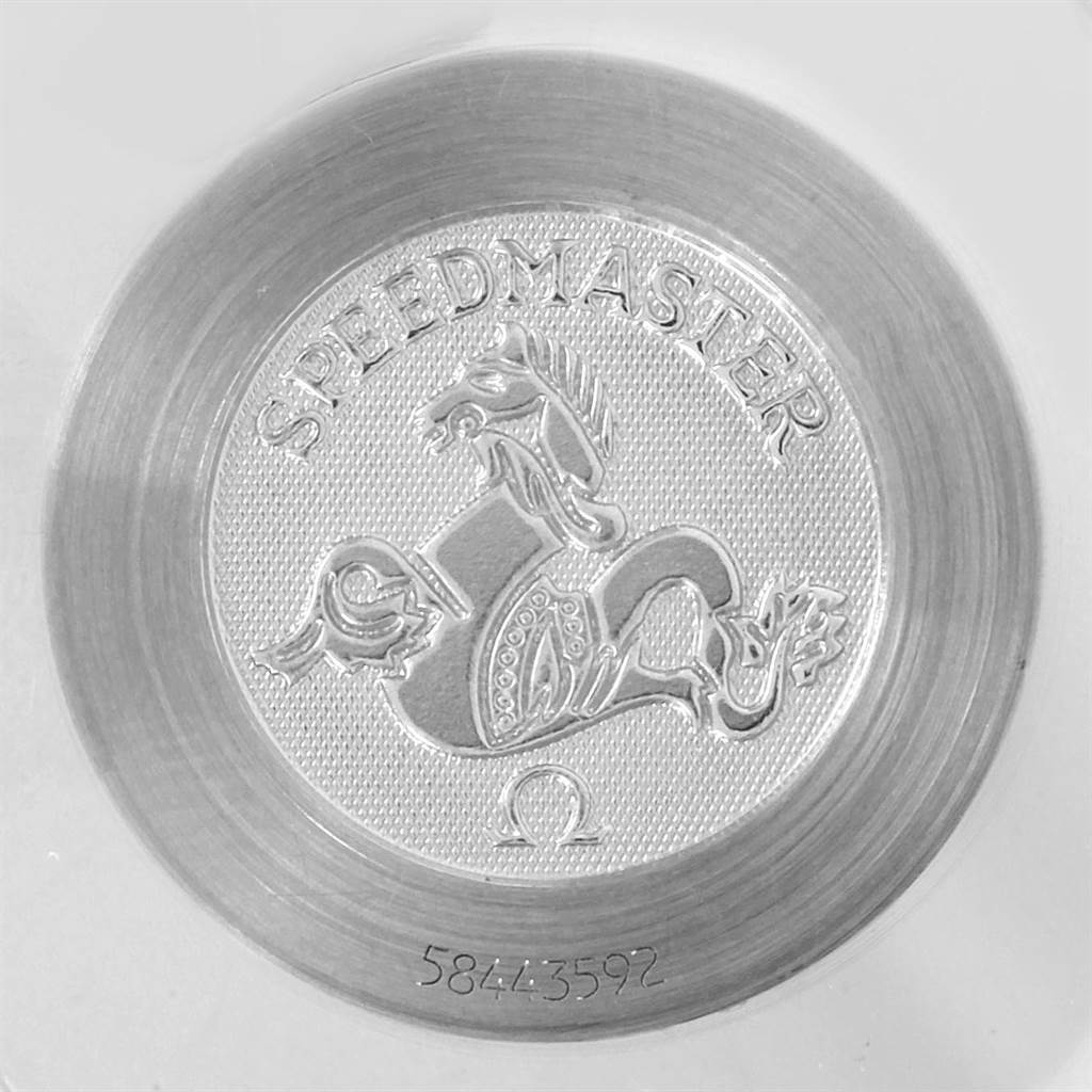 The image shows the case back of an Omega Speedmaster 3513.50.00 Men
s Stainless Steel Black Dial 3513.50.00 Men
s Stainless Steel Black Dial watch, featuring the engraved logo and serial number.