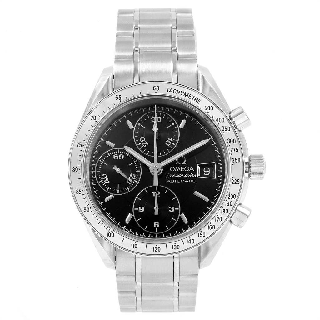 This Omega Speedmaster 3513.50.00 Men
s Stainless Steel Black Dial 3513.50.00 Men
s Stainless Steel Black Dial watch is shown from a front angle, featuring the watch face, bezel, pushers, and metal bracelet.