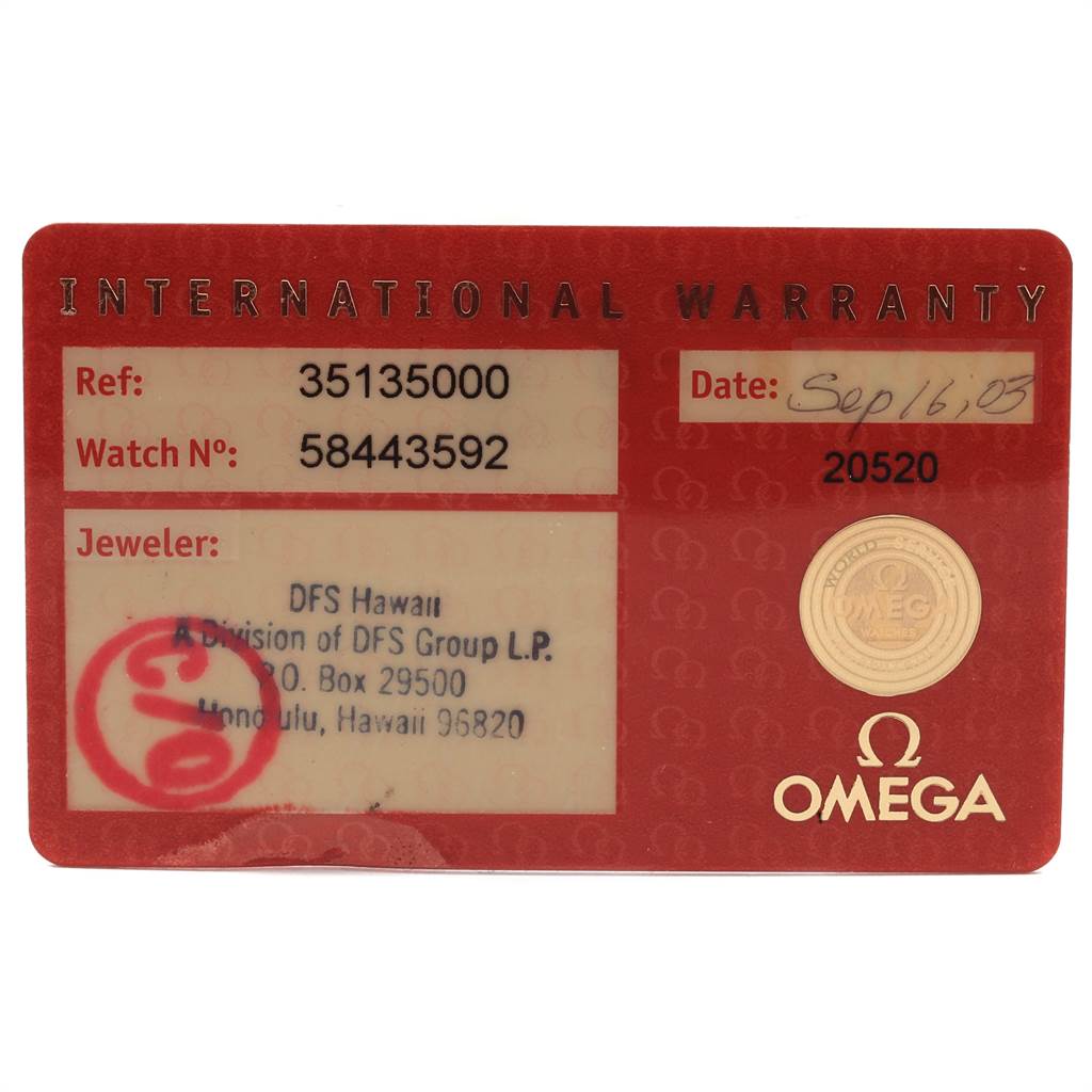 This image shows the warranty card for an Omega Speedmaster 3513.50.00 Men
s Stainless Steel Black Dial 3513.50.00 Men
s Stainless Steel Black Dial watch, including reference number, watch number, jeweler information, and date of purchase.