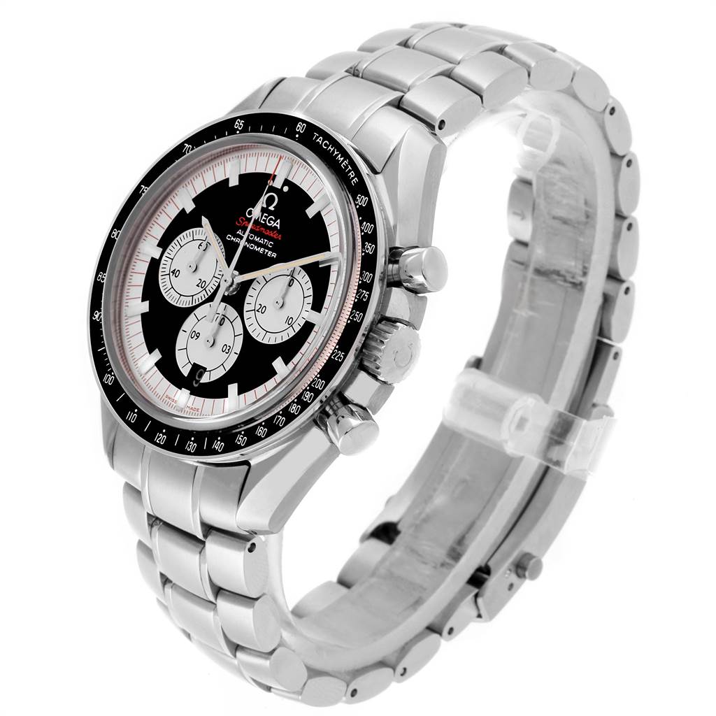 The Omega Speedmaster 3507.51.00 Men
s Stainless Steel Black Dial 3507.51.00 Men
s Stainless Steel Black Dial watch is shown at a three-quarter angle, featuring its steel bracelet, bezel, pushers, and chronograph sub-dials.