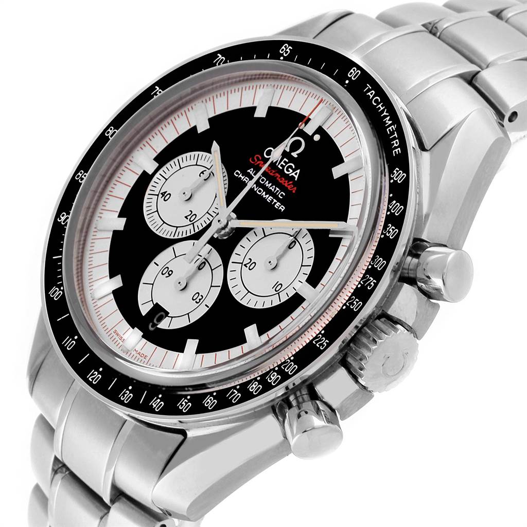 This image displays a close-up of an Omega Speedmaster 3507.51.00 Men
s Stainless Steel Black Dial 3507.51.00 Men
s Stainless Steel Black Dial watch from a slight side angle, focusing on the dial, chronograph subdials, bezel, and bracelet.