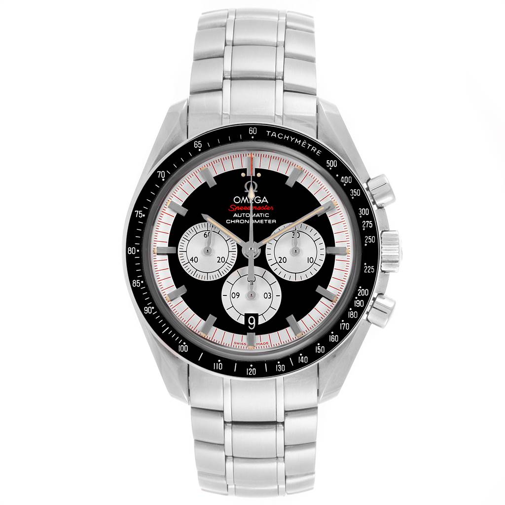 The image shows a front view of the Omega Speedmaster 3507.51.00 Men
s Stainless Steel Black Dial 3507.51.00 Men
s Stainless Steel Black Dial watch, highlighting its stainless steel bracelet and chronograph sub-dials.