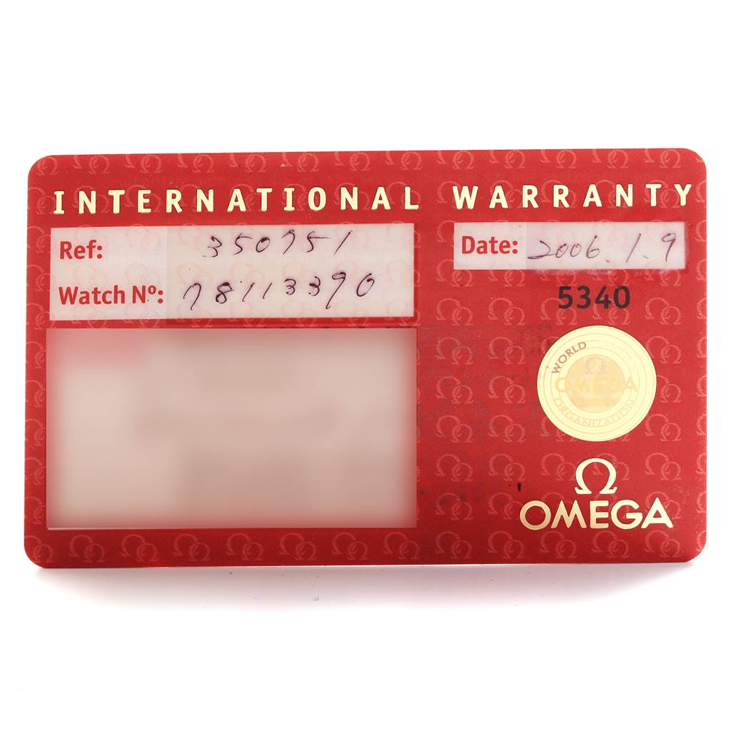 This image shows the front of an Omega Speedmaster 3507.51.00 Men
s Stainless Steel Black Dial 3507.51.00 Men
s Stainless Steel Black Dial International Warranty card, displaying reference and watch numbers.