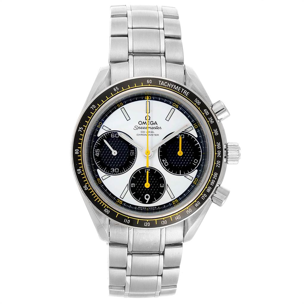 The Omega Speedmaster 326.30.40.50.04.001 Men
s Stainless Steel White Dial 326.30.40.50.04.001 Men
s Stainless Steel White Dial watch is shown from a front angle, showcasing the face, bezel, and stainless steel bracelet.