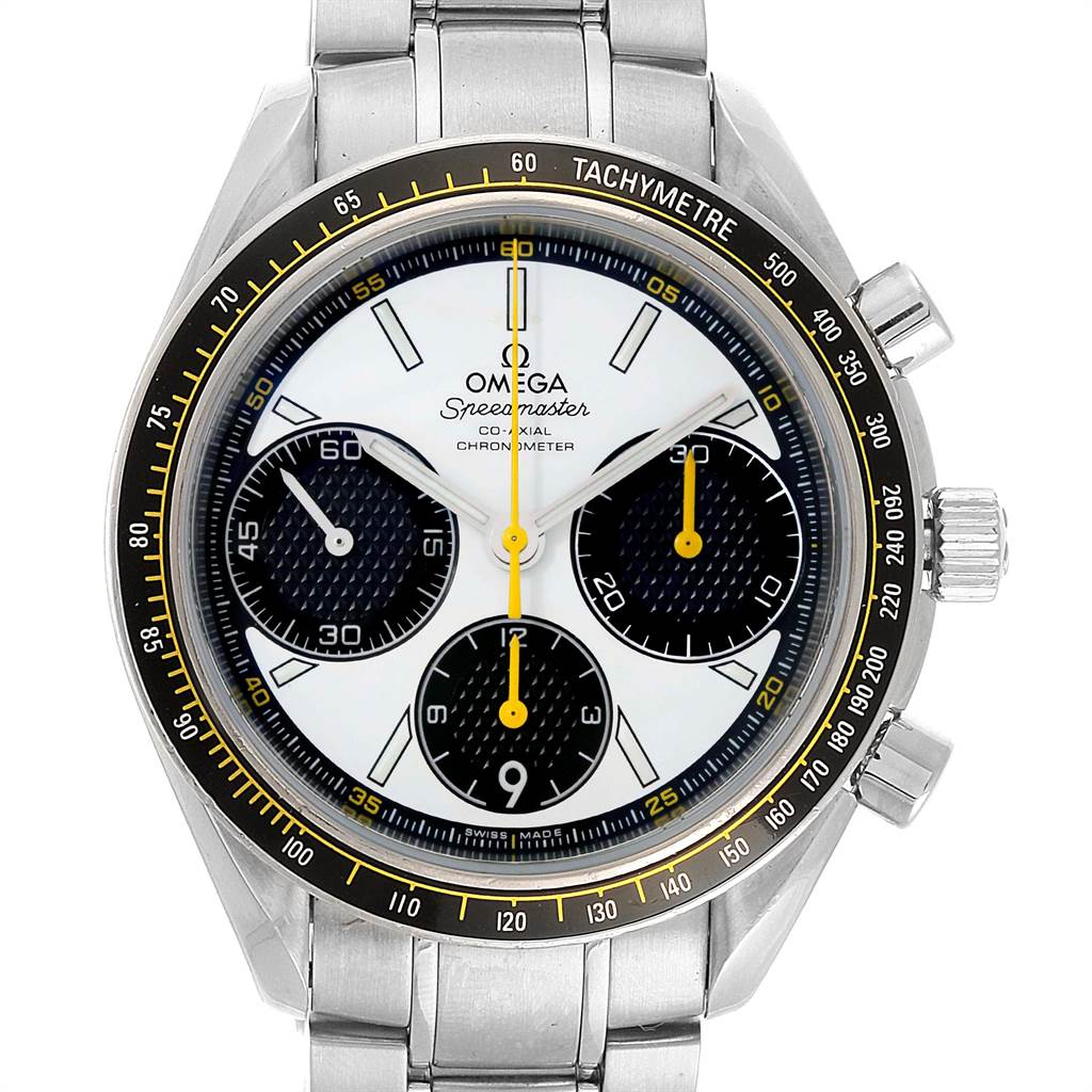 The Omega Speedmaster 326.30.40.50.04.001 Men
s Stainless Steel White Dial 326.30.40.50.04.001 Men
s Stainless Steel White Dial watch is shown from the front, displaying the face, dials, bezel, and part of the stainless steel bracelet.