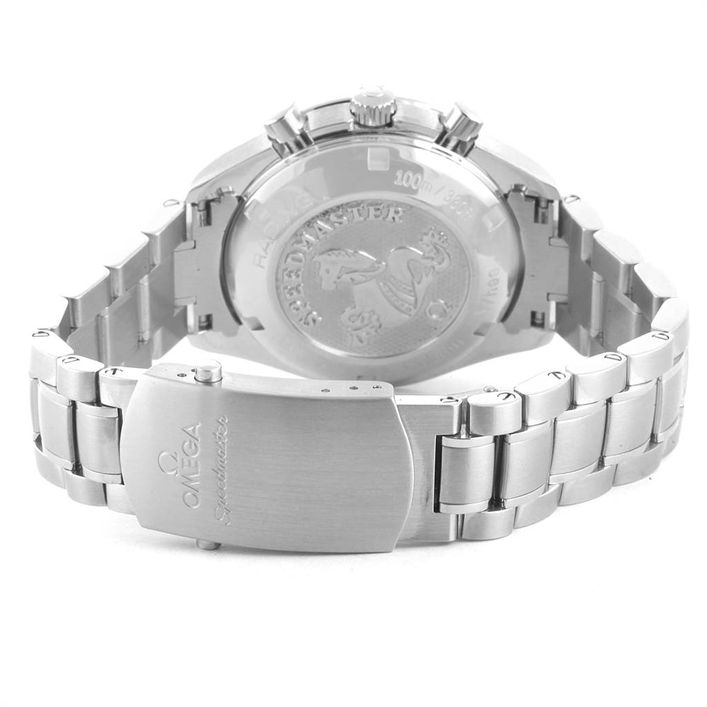 This image shows the Omega Speedmaster 326.30.40.50.04.001 Men
s Stainless Steel White Dial 326.30.40.50.04.001 Men
s Stainless Steel White Dial watch from the rear, highlighting its stainless steel bracelet and engraved case back.