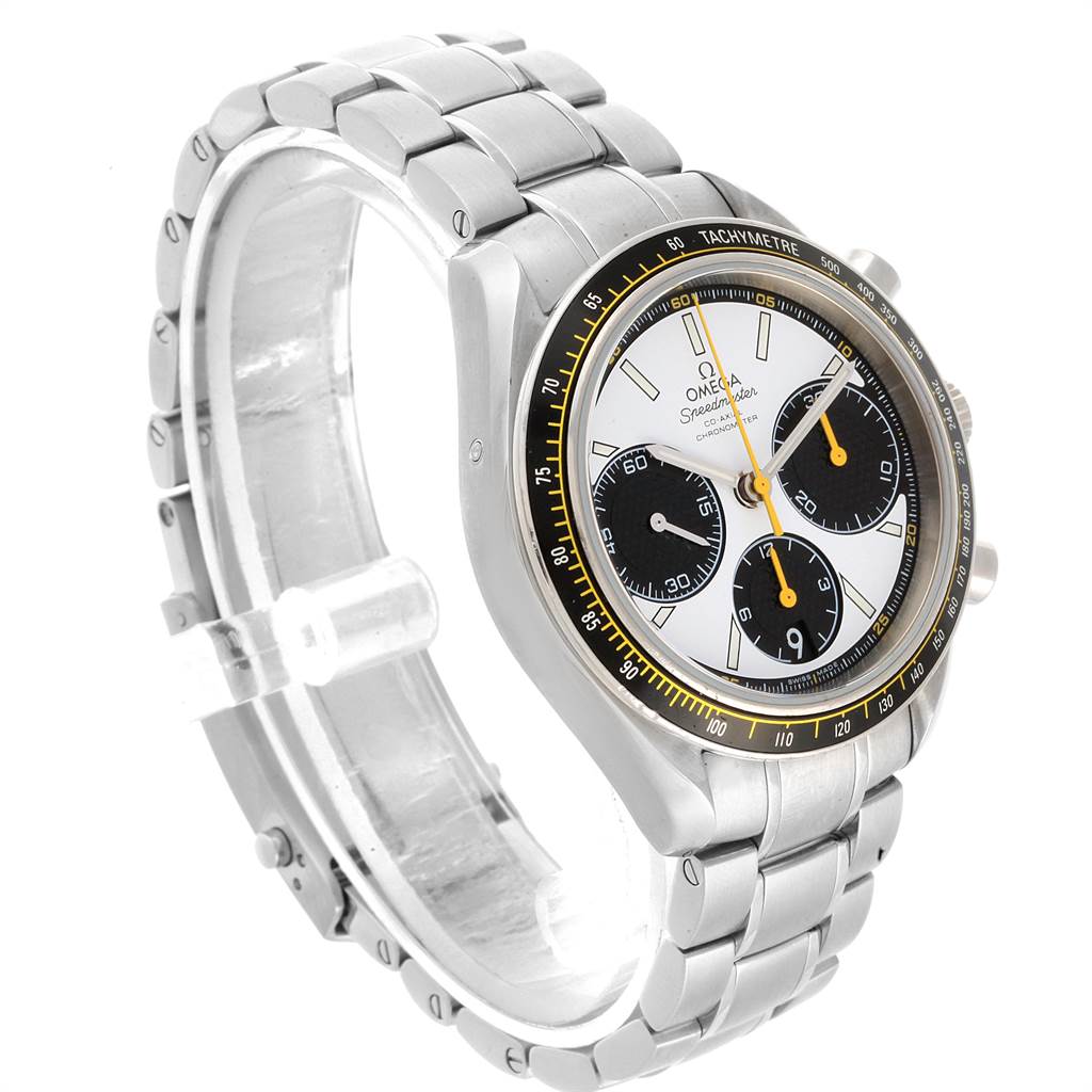 The image shows an angled view of the Omega Speedmaster 326.30.40.50.04.001 Men
s Stainless Steel White Dial 326.30.40.50.04.001 Men
s Stainless Steel White Dial watch, highlighting its face, bezel, and metal bracelet.