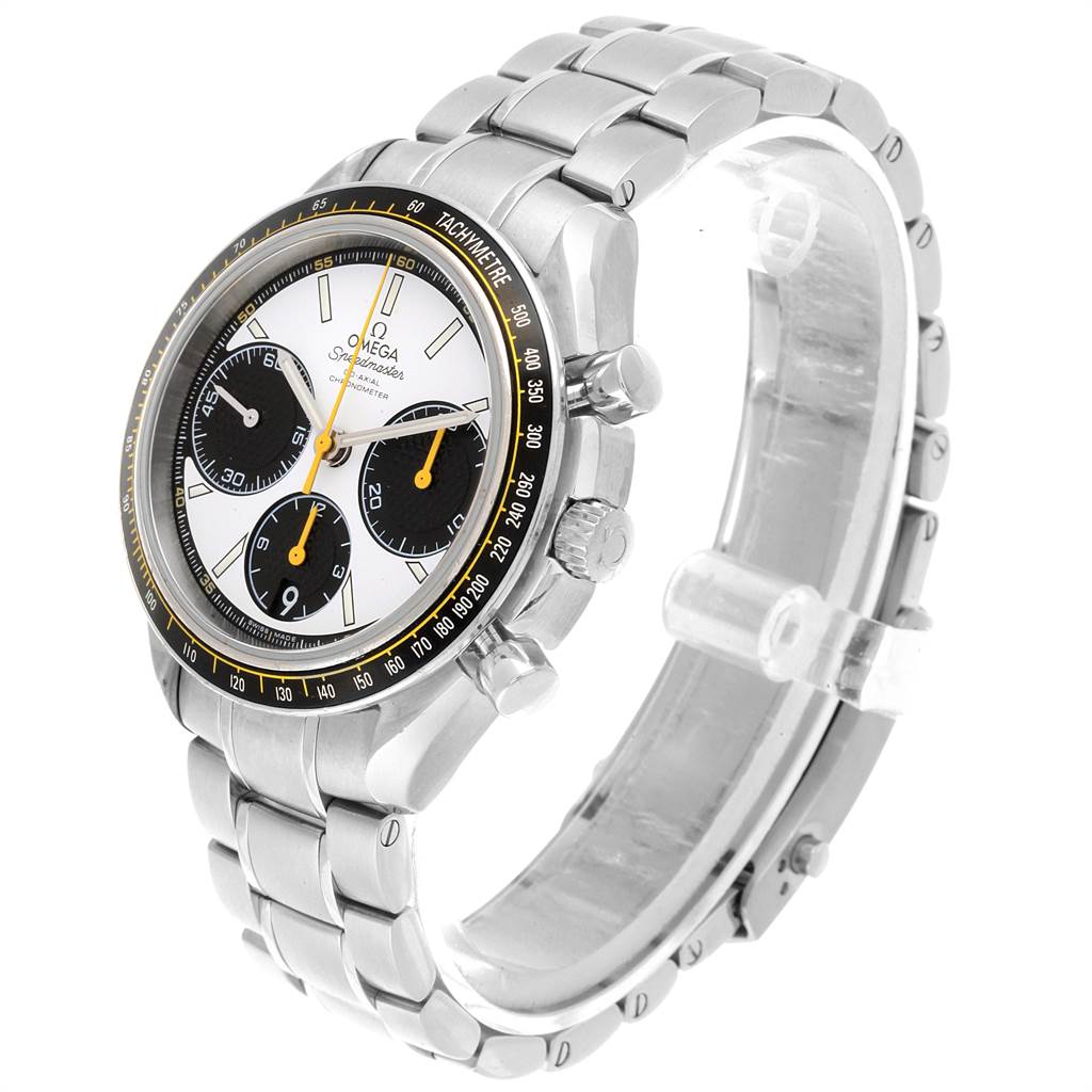 The Omega Speedmaster 326.30.40.50.04.001 Men
s Stainless Steel White Dial 326.30.40.50.04.001 Men
s Stainless Steel White Dial watch is shown at a three-quarter angle, displaying its dial, chronograph buttons, and stainless steel bracelet.