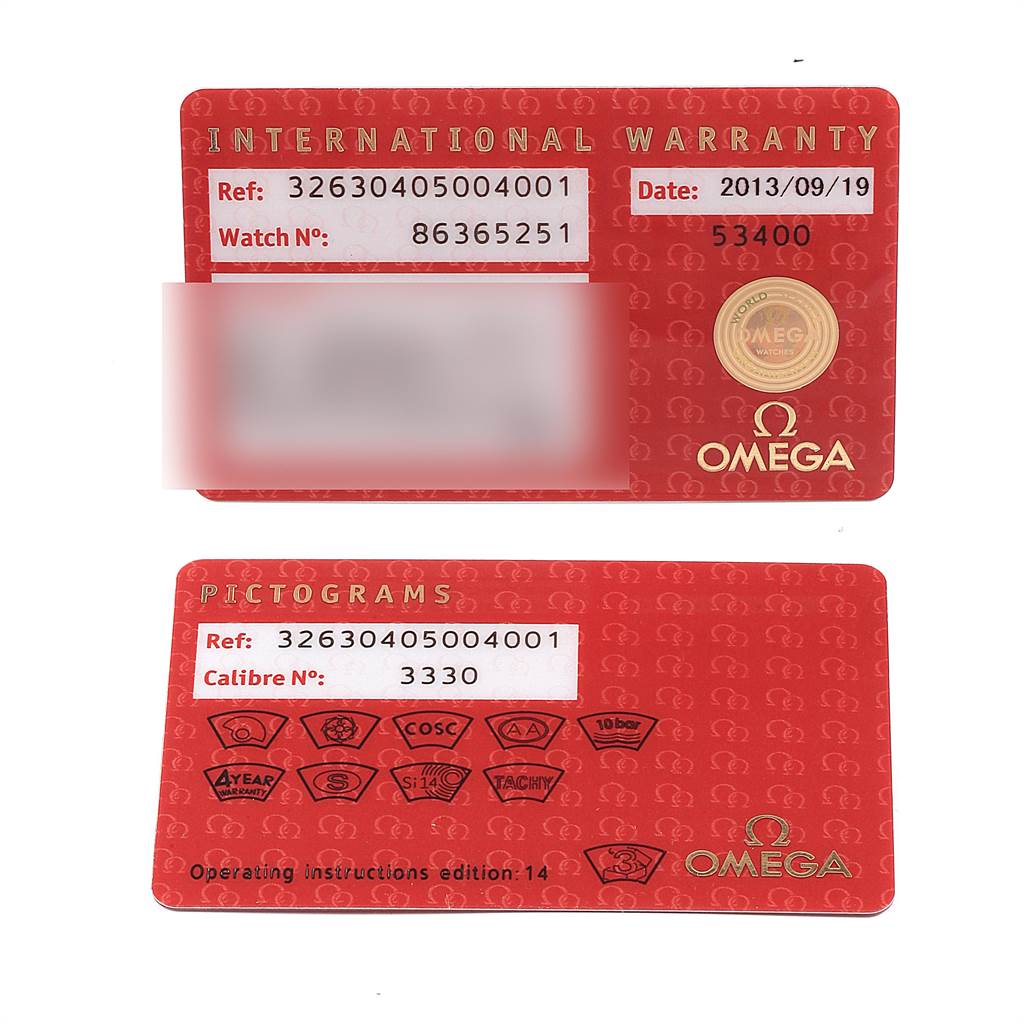 This image shows two cards for the Omega Speedmaster 326.30.40.50.04.001 Men
s Stainless Steel White Dial 326.30.40.50.04.001 Men
s Stainless Steel White Dial, one is an international warranty card, and the other is a pictograms card.