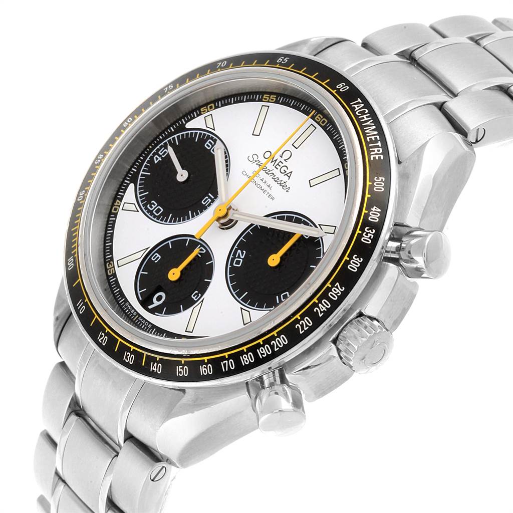 The Omega Speedmaster 326.30.40.50.04.001 Men
s Stainless Steel White Dial 326.30.40.50.04.001 Men
s Stainless Steel White Dial watch is shown at a three-quarter angle, highlighting its face, chronograph dials, bezel, and bracelet.