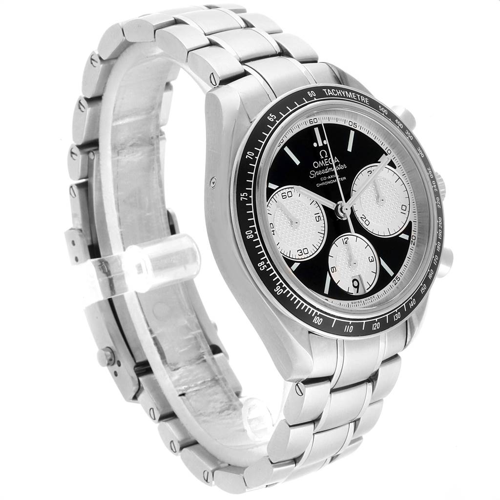 The image shows an Omega Speedmaster 326.30.40.50.01.002 Men
s Stainless Steel Black Dial 326.30.40.50.01.002 Men
s Stainless Steel Black Dial watch at a three-quarter angle, highlighting the dial, bezel, and bracelet.