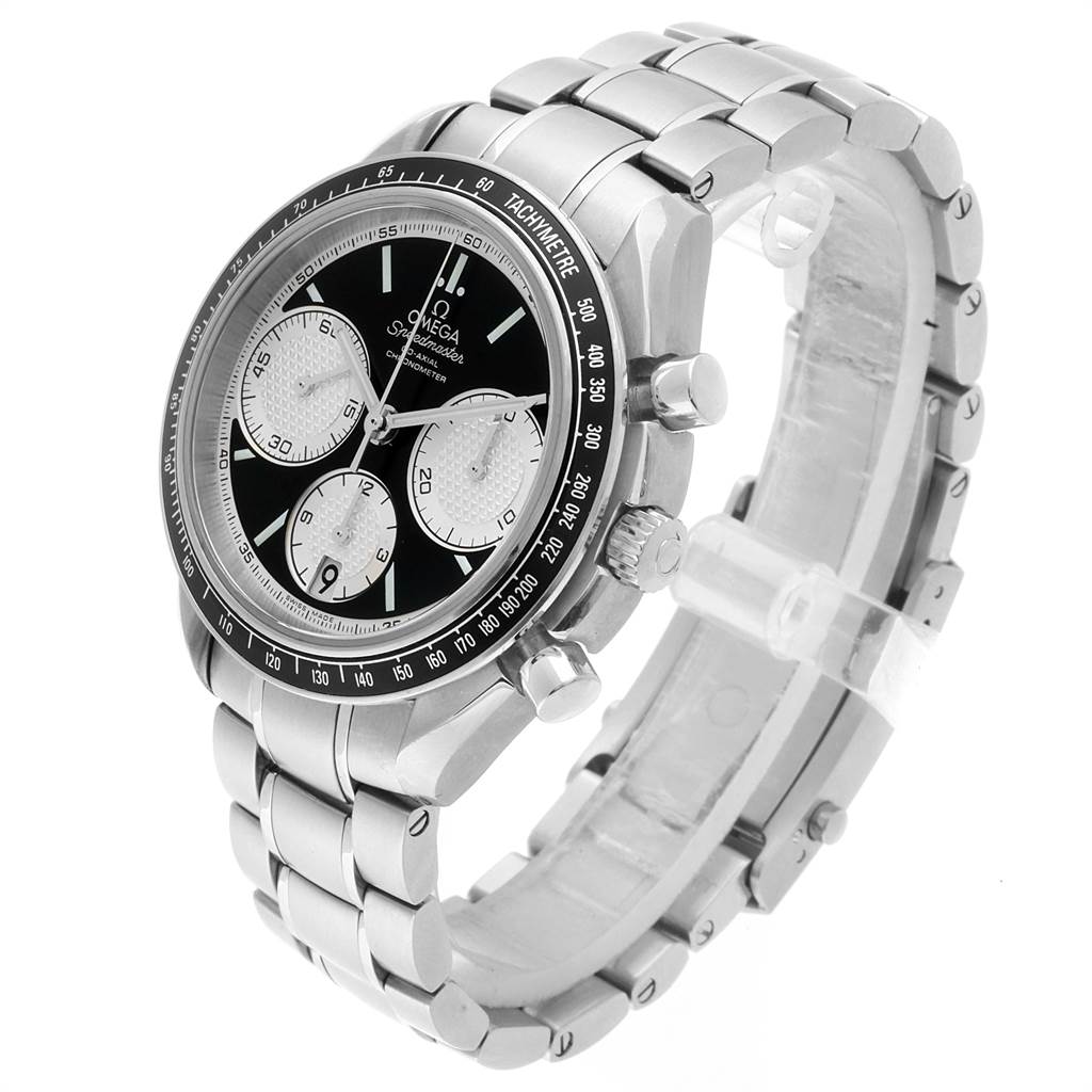 The image shows an Omega Speedmaster 326.30.40.50.01.002 Men
s Stainless Steel Black Dial 326.30.40.50.01.002 Men
s Stainless Steel Black Dial watch at a 3/4 angle, detailing the face, bezel, crown, pushers, and bracelet.