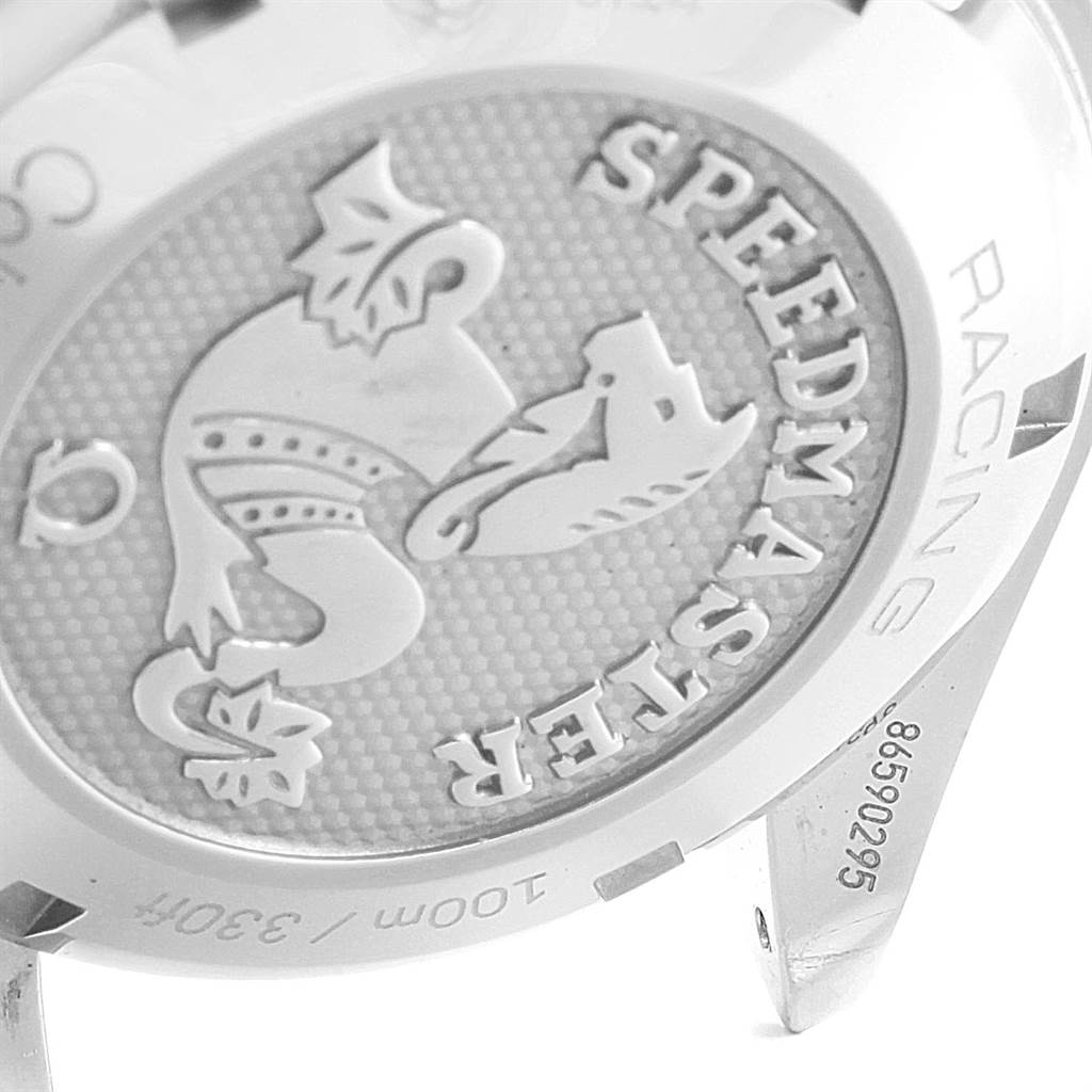 The image shows the back case of an Omega Speedmaster 326.30.40.50.01.002 Men
s Stainless Steel Black Dial 326.30.40.50.01.002 Men
s Stainless Steel Black Dial watch, highlighting the embossed design and engraved details.